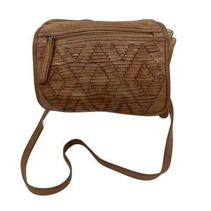 Day & Mood Amber Leather Crossbody Bag Woven Panel Tan Brown